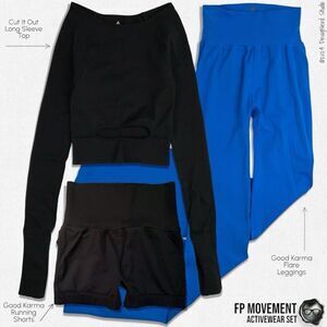 FP MOVEMENT ACTIVEWEAR: CUT IT OUT L/S TOP + GOOD KARMA SHORTS + FLARE LEGGINGS
